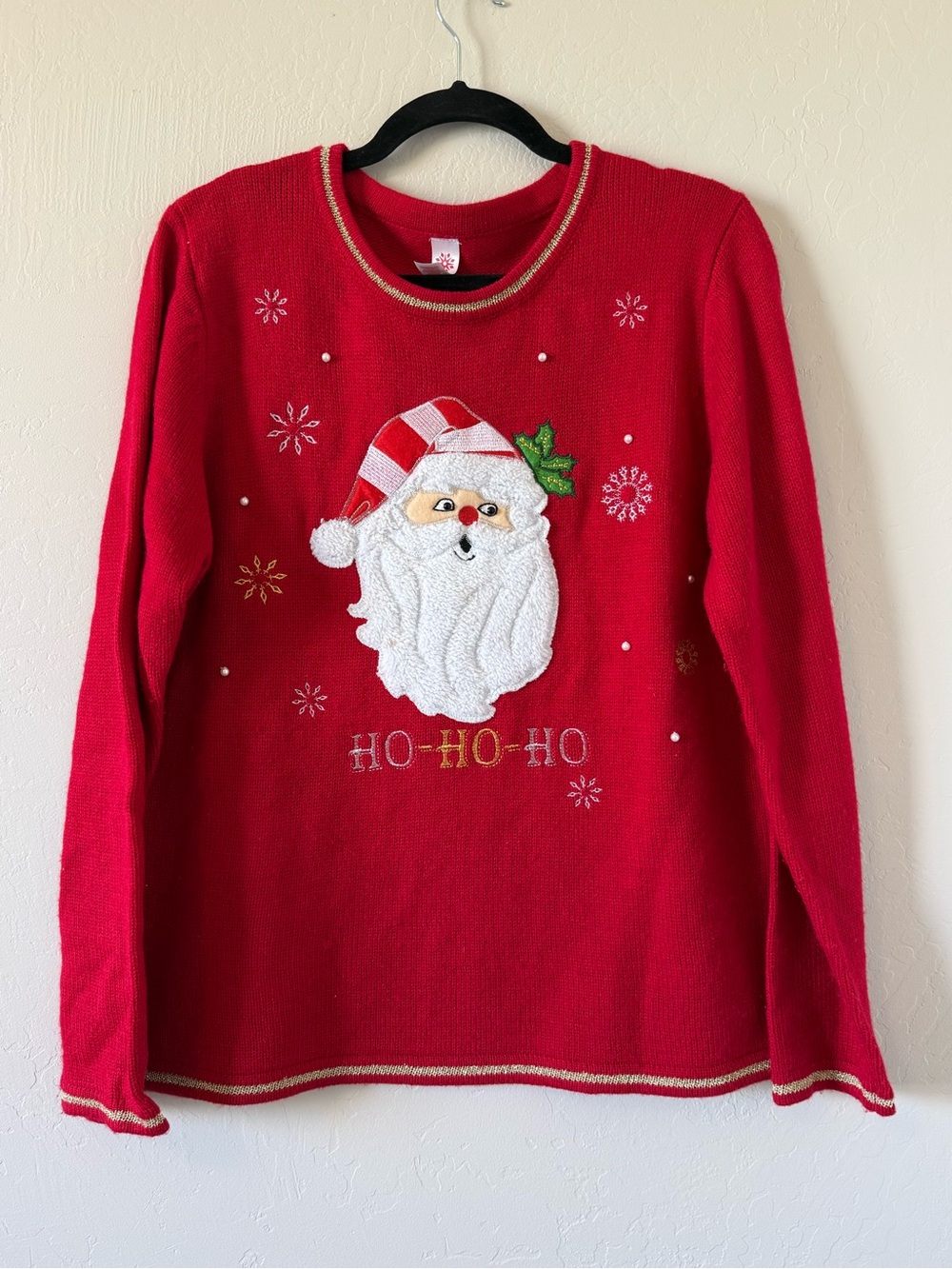 Holiday Time Red Santa Holiday Sweater with White Beard and Green Holly #P146